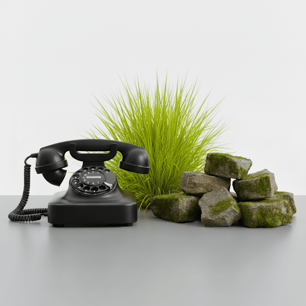 A black rotary phone sits on a gray surface next to vivid green grass and a small pile of moss-covered cobblestones, creating a blend of vintage and natural elements.