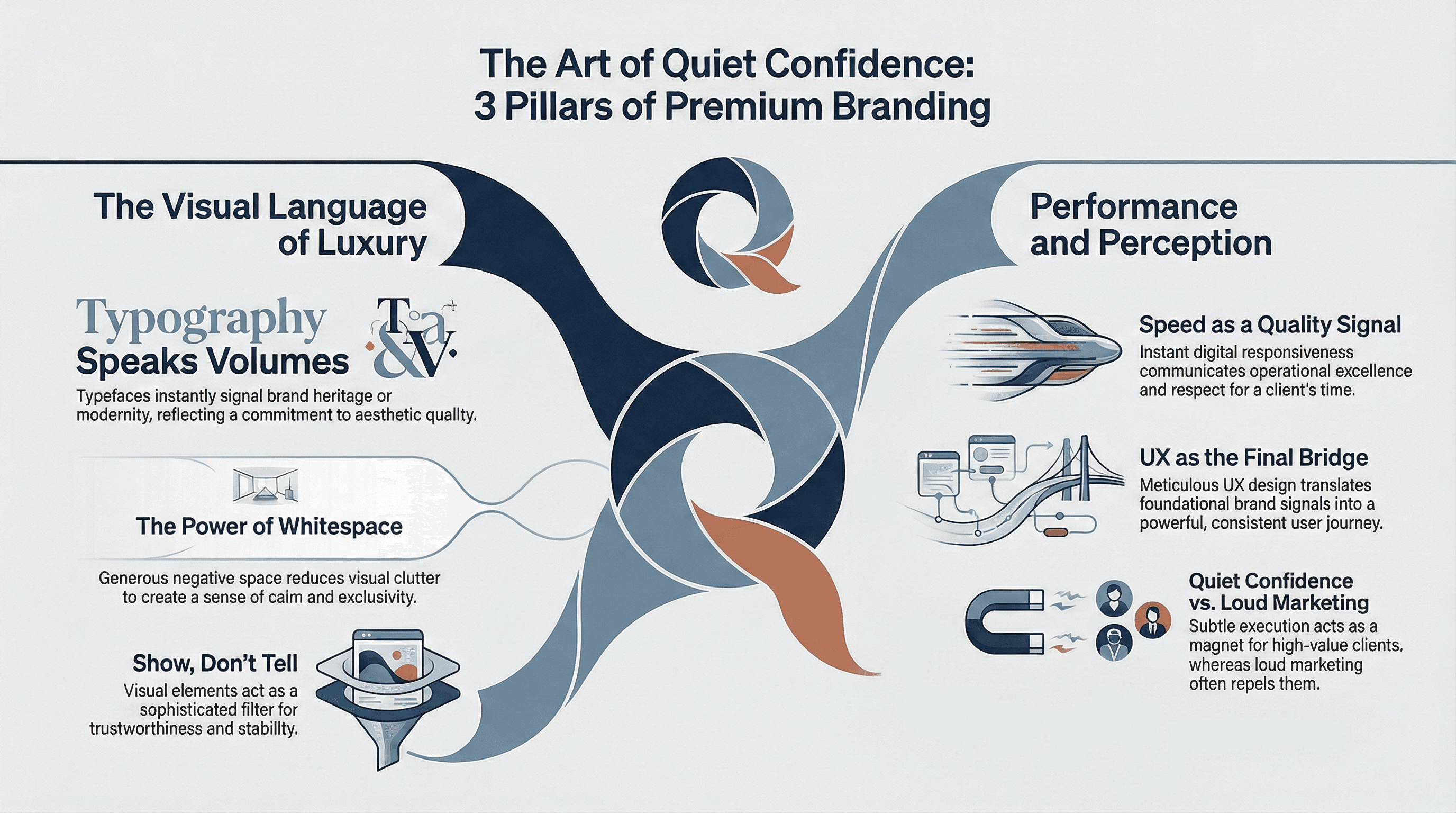 Infographic titled 'The Art of Quiet Confidence: 3 Pillars of Premium Branding.' It visualizes the key signals of luxury: Typography reflecting heritage, Whitespace creating exclusivity, and Speed indicating operational excellence, all leading to a Quiet Confidence that attracts high-value clients.
