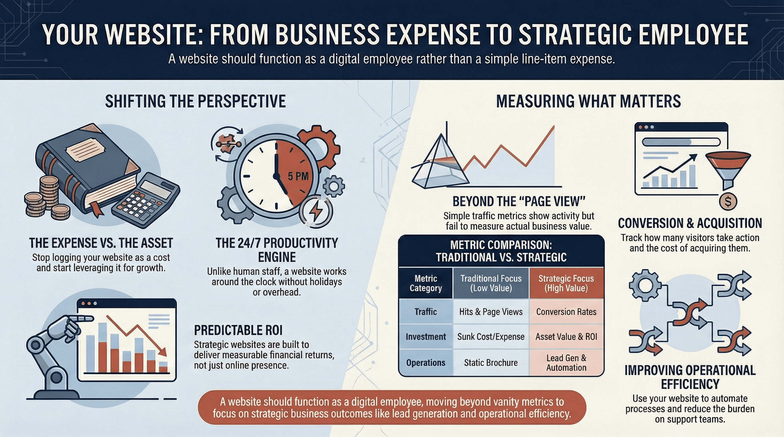 Infographic titled 'Your Website: From Business Expense to Strategic Employee' illustrating the shift from viewing a website as a cost to a digital asset. The graphic is divided into two sections: 'Shifting the Perspective' highlights the website as a 24/7 productivity engine that delivers predictable ROI. 'Measuring What Matters' contrasts vanity metrics with business outcomes, featuring a comparison table where 'Traditional Focus' (Hits, Sunk Cost, Static Brochure) is replaced by 'Strategic Focus' (Conversion Rates, Asset Value, Lead Gen & Automation).