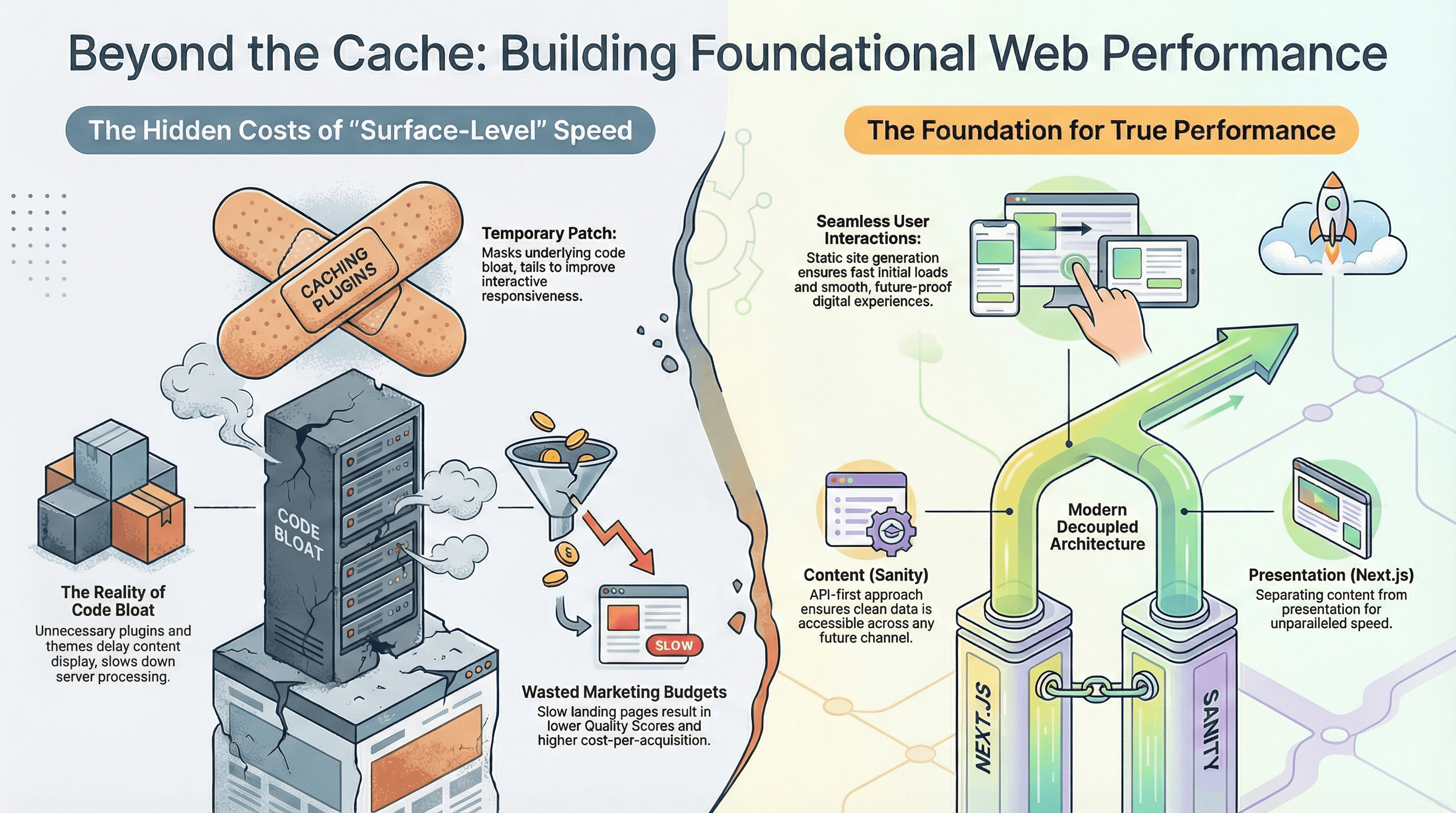 Here are a few options for the alt text, ranging from descriptive to concise, depending on how much detail you want to convey to screen readers and search engines. Option 1: The "Best Practice" (Descriptive & SEO-friendly) This option is best if you want to ensure the specific arguments made in the graphic (like "wasted budgets" vs. "seamless interactions") are indexed by Google. "Infographic titled 'Beyond the Cache: Building Foundational Web Performance.' It contrasts 'The Hidden Costs of Surface-Level Speed'—depicted as a crumbling server patched with 'Caching Plugins' and leaking money—against 'The Foundation for True Performance,' illustrated by a modern decoupled architecture linking Sanity and Next.js for seamless user interactions.