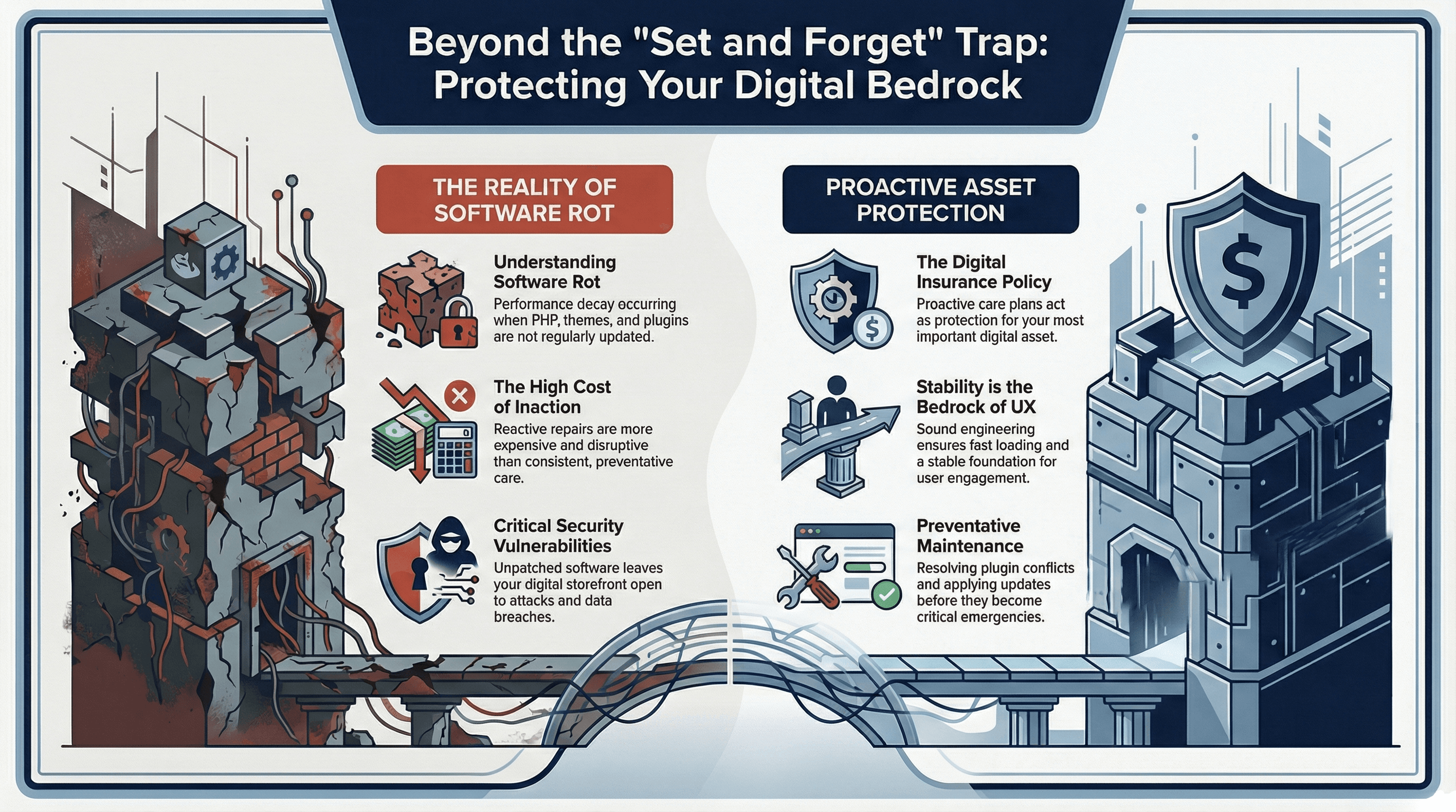 Infographic titled 'Beyond the Set and Forget Trap: Protecting Your Digital Bedrock.' It visually contrasts two states of website health. The left side, labeled 'The Reality of Software Rot,' depicts a crumbling structure and lists risks like performance decay, high reactive costs, and security vulnerabilities. The right side, labeled 'Proactive Asset Protection,' shows a secure, modern fortress and highlights benefits like digital insurance, UX stability, and preventative maintenance.