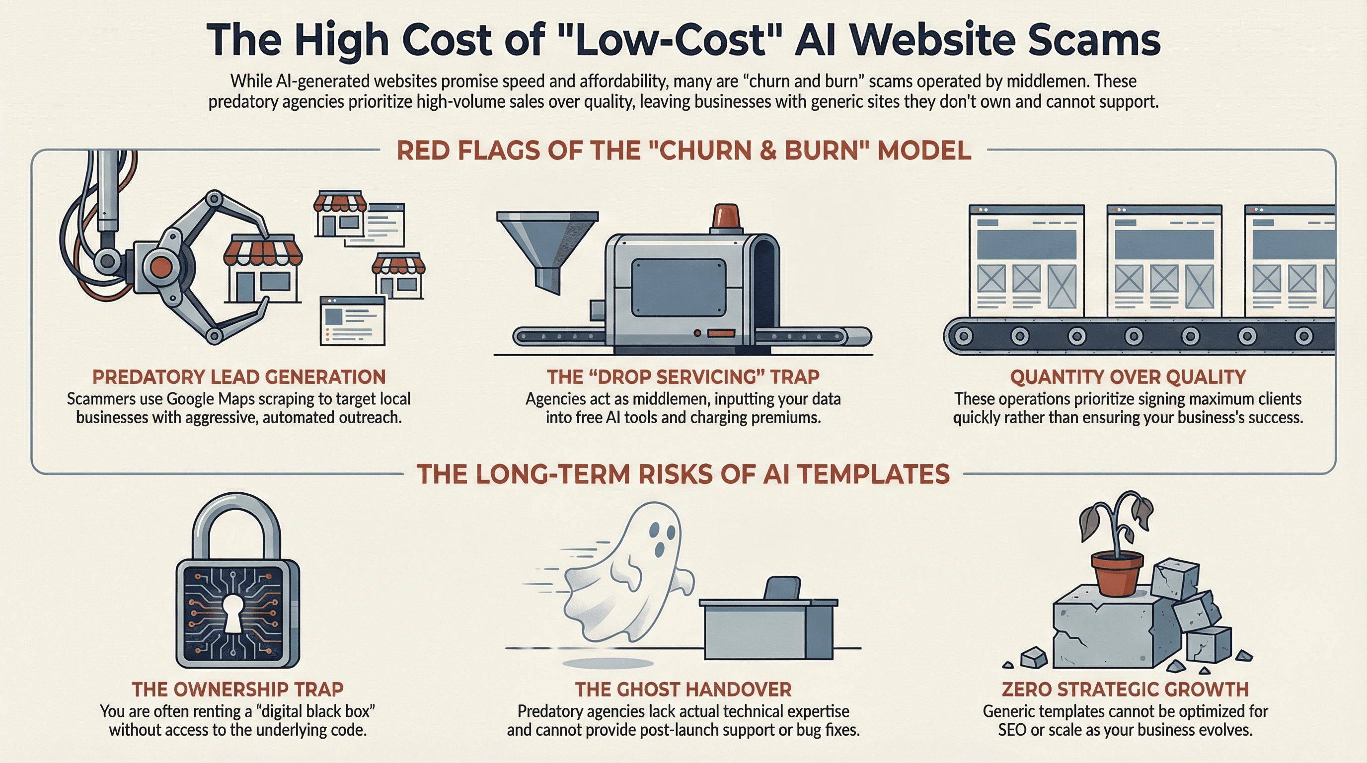 Infographic titled 'The High Cost of Low-Cost AI Website Scams.' It visualizes two main categories of risks: 'Red Flags of the Churn & Burn Model,' which includes predatory lead generation, drop servicing traps, and quantity over quality; and 'The Long-Term Risks of AI Templates,' which highlights the ownership trap (renting a digital black box), the ghost handover (lack of support), and zero strategic growth.