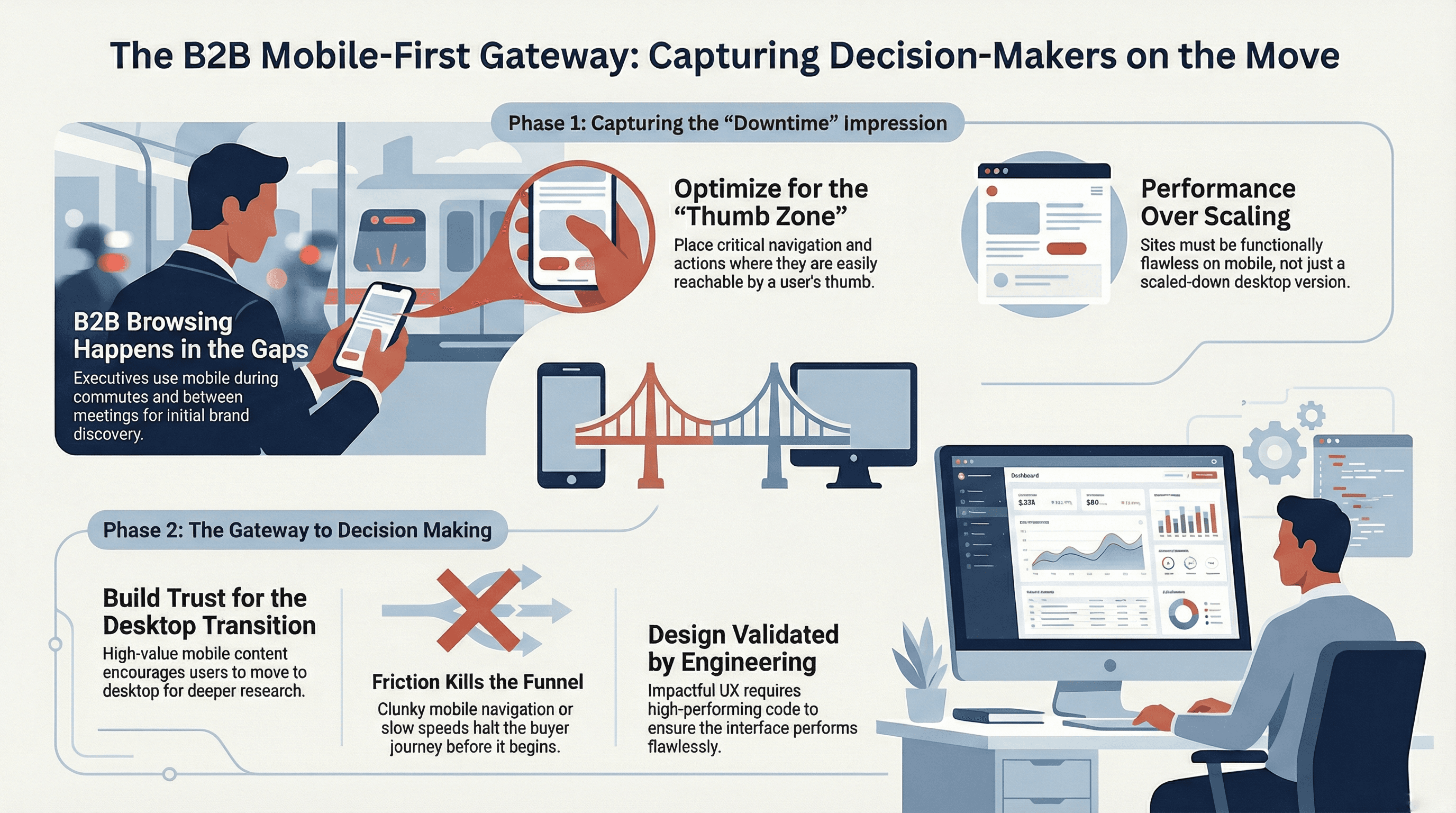 Infographic titled 'The B2B Mobile-First Gateway' illustrating the transition from mobile browsing to desktop decision-making. It highlights two key phases: capturing executives during downtime by optimizing for the 'Thumb Zone,' and building trust through high performance to bridge the gap to desktop research.
