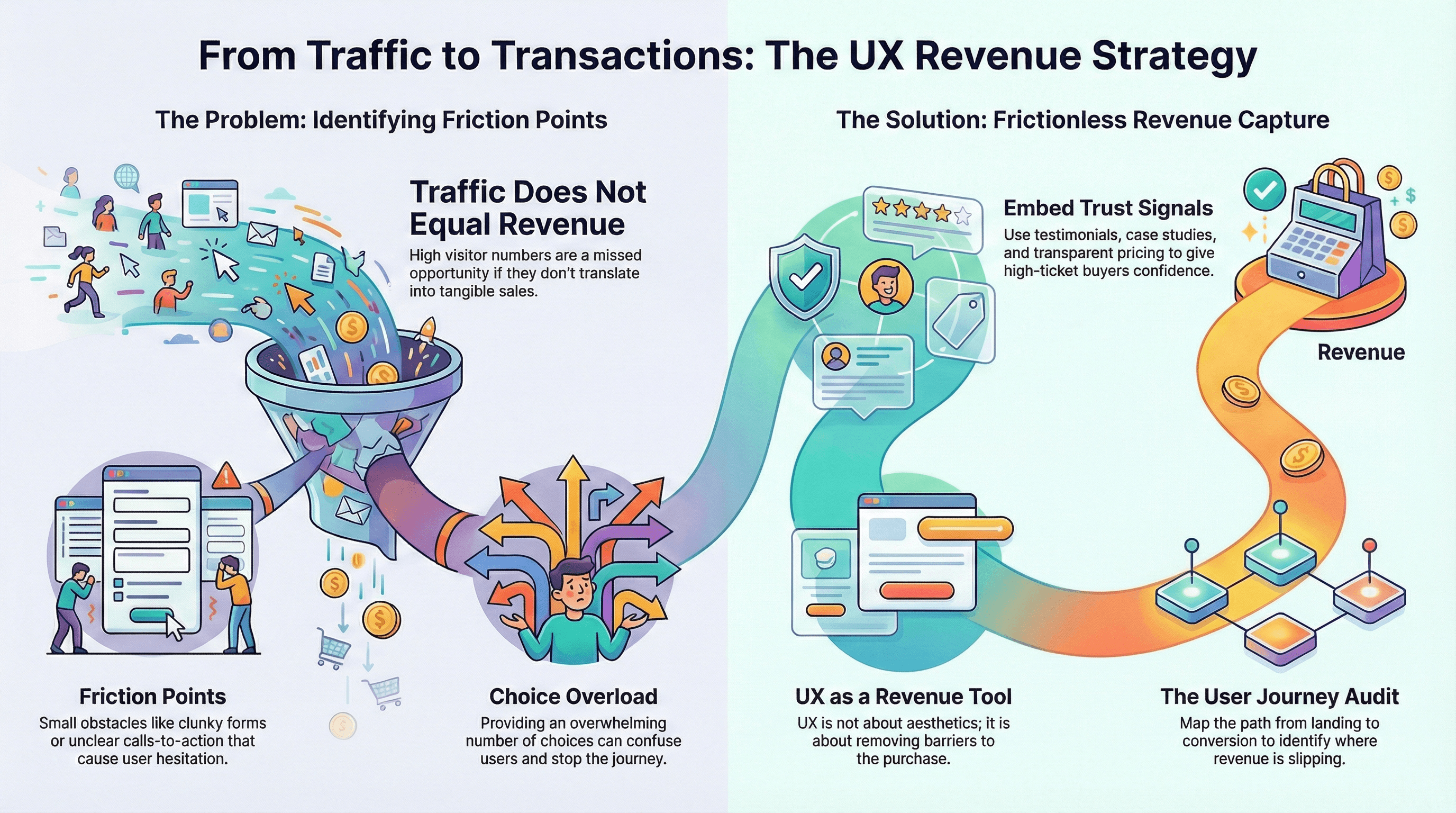 Infographic titled 'From Traffic to Transactions: The UX Revenue Strategy.' It contrasts the problems of 'Friction Points' and 'Choice Overload'—which cause revenue leaks—against solutions like embedding trust signals and conducting a 'User Journey Audit' to ensure frictionless revenue capture.