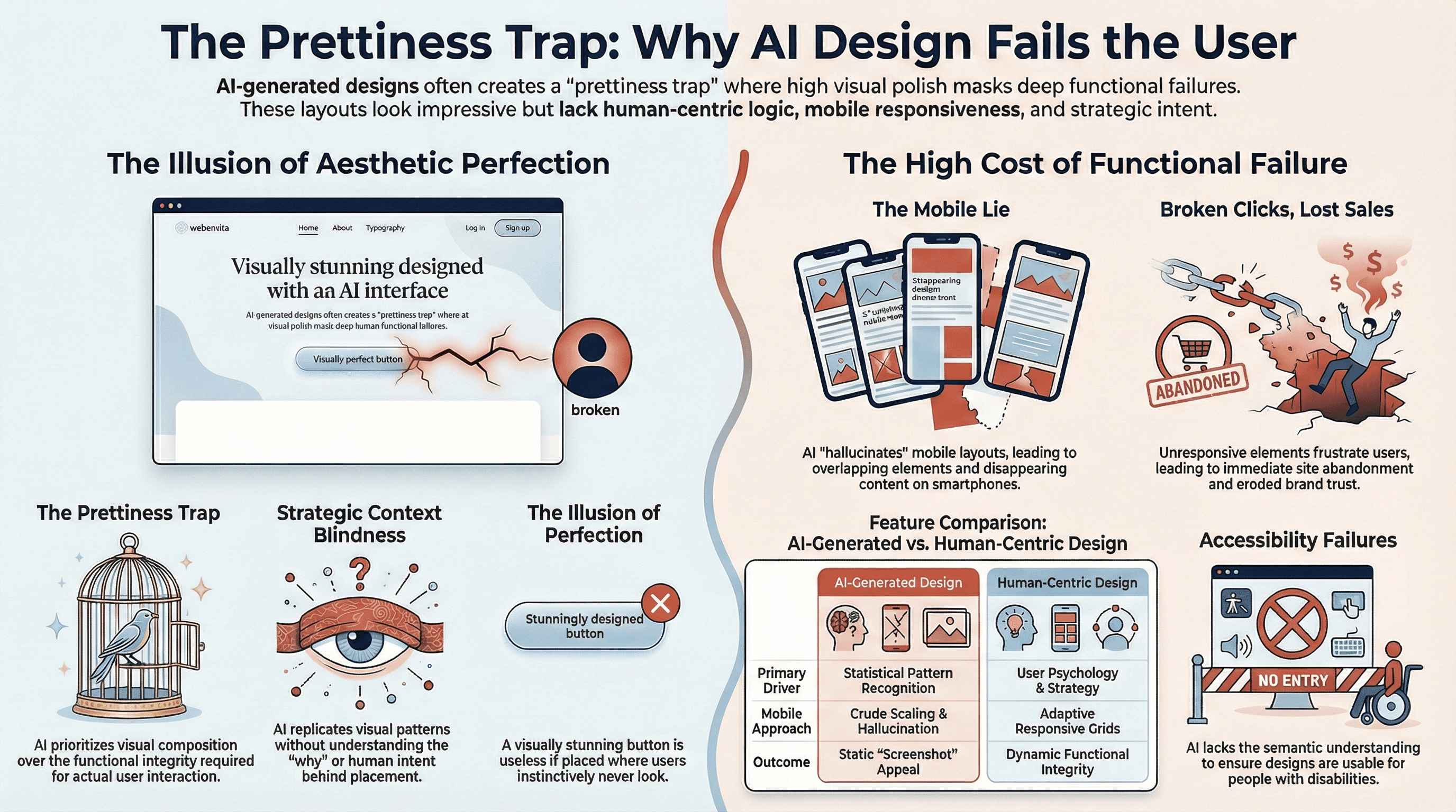 Infographic titled "The Prettiness Trap: Why AI Design Fails the User." It visually contrasts "The Illusion of Aesthetic Perfection" against "The High Cost of Functional Failure." Key visuals include a "Prettiness Trap" birdcage representing limited function, a "Strategic Context Blindness" eye ignoring user intent, and "The Mobile Lie" showing broken smartphone layouts. A comparison table highlights that AI relies on statistical pattern recognition and crude scaling, whereas human-centric design prioritizes user psychology and adaptive responsive grids to prevent accessibility failures and lost sales.